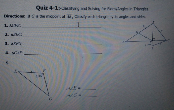 Quiz 4-1 classifying and solving for sides/angles in triangles